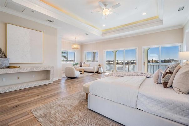 Bedroom, Interior, Pendant Lights, Recessed Lighting, Wood Texture Flooring
