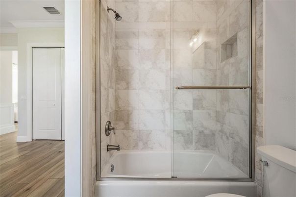 Bathroom, Glass Shower, Interior, Wood Texture Flooring