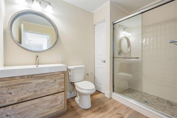 Bathroom, Glass Shower, Interior, Wood Texture Flooring