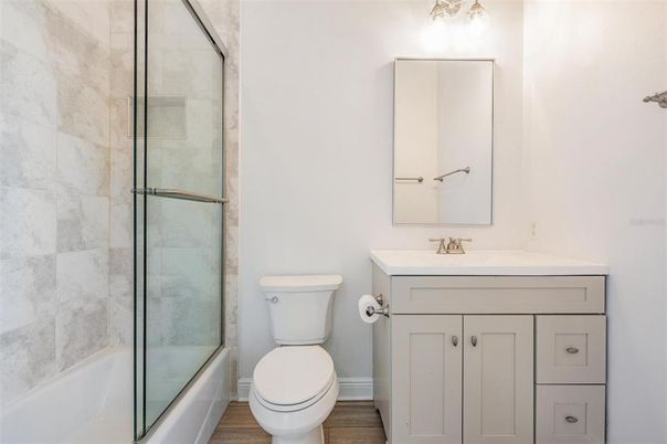 Bathroom, Glass Shower, Interior, Wood Texture Flooring