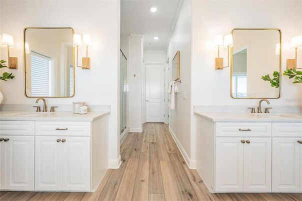 Bathroom, Dual Sink Vanities, Interior, Recessed Lighting, Wood Texture Flooring