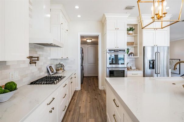 Interior, Kitchen, Recessed Lighting, Stainless Steel Appliances, Wood Texture Flooring