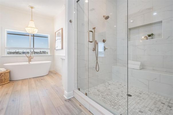 Bathroom, Free Standing Baths, Glass Shower, Interior, Marble Walls, Pendant Lights, Wood Texture Flooring