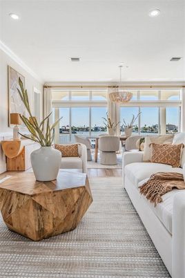 Chandelier, Dining room, Interior, Living room, Pendant Lights, Recessed Lighting, Water, Wood Texture Flooring