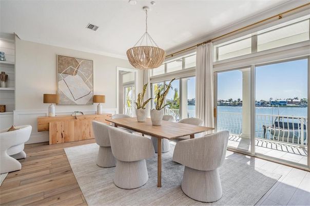 Dining room, Interior, Pendant Lights, Water, Wood Texture Flooring