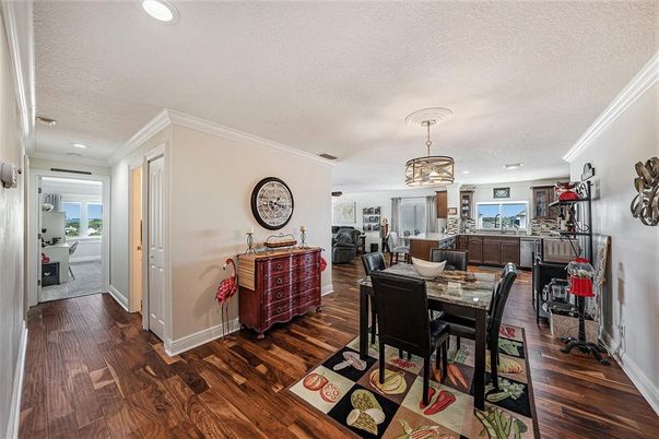 Dining room, Interior, Living room, Recessed Lighting, Wood Texture Flooring