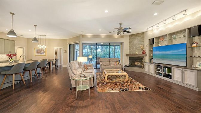 Dining room, Fireplace, Interior, Kitchen, Living room, Pendant Lights, Recessed Lighting, Stone Walls, Wood Texture Flooring