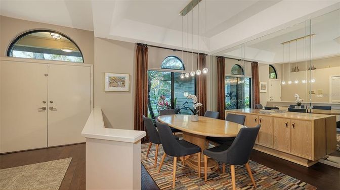Dining room, Interior, Pendant Lights, Wood Texture Flooring