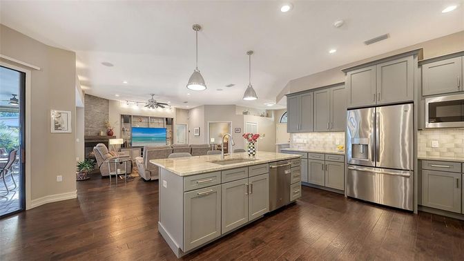 Interior, Kitchen, Living room, Pendant Lights, Recessed Lighting, Stainless Steel Appliances, Wood Texture Flooring