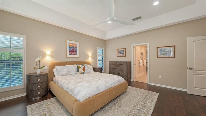 Bedroom, Interior, Recessed Lighting, Wood Texture Flooring