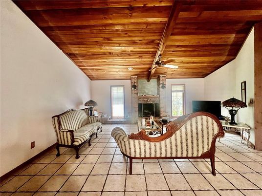 Fireplace, Interior, Living room, Recessed Lighting, Wooden Ceilings