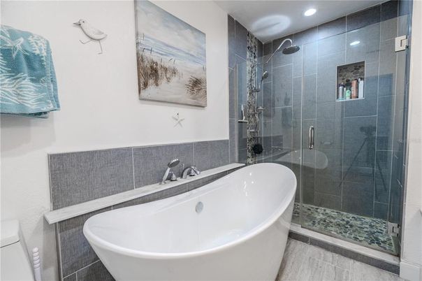 Bathroom, Free Standing Baths, Glass Shower, Interior, Recessed Lighting