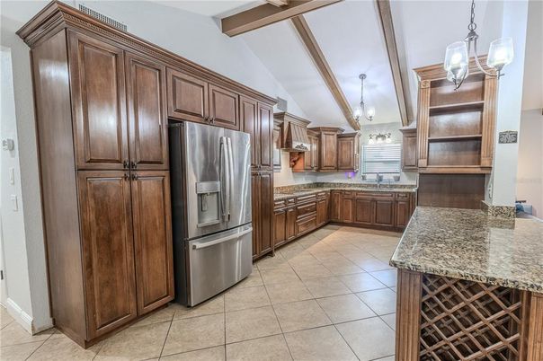 Interior, Kitchen, Pendant Lights, Stainless Steel Appliances, Wooden Beams