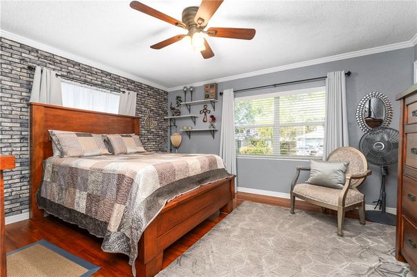 Bedroom, Interior, Stone Walls, Wood Texture Flooring