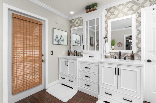Bathroom, Dual Sink Vanities, Interior, Recessed Lighting, Wood Texture Flooring