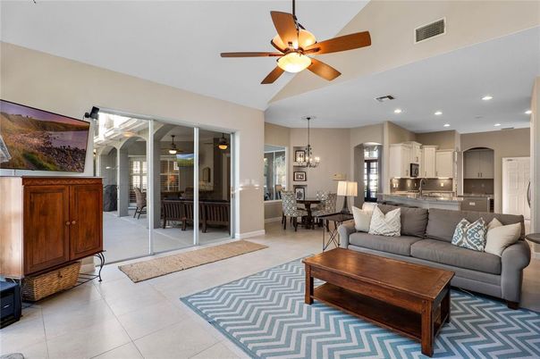 Chandelier, Dining room, Interior, Kitchen, Living room, Recessed Lighting, Stainless Steel Appliances