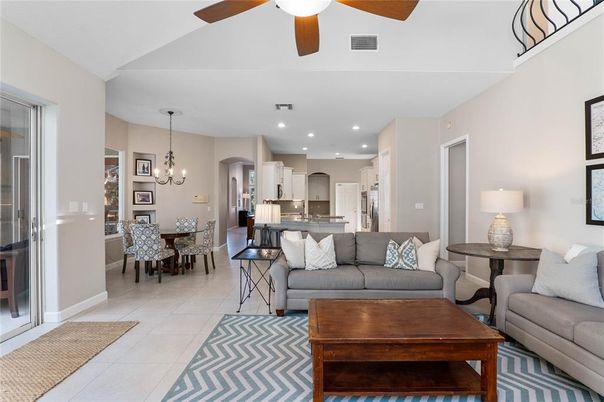 Chandelier, Dining room, Interior, Kitchen, Living room, Recessed Lighting, Stainless Steel Appliances