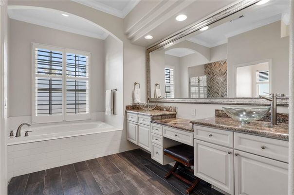 Bathroom, Dual Sink Vanities, Interior, Recessed Lighting, Wood Texture Flooring
