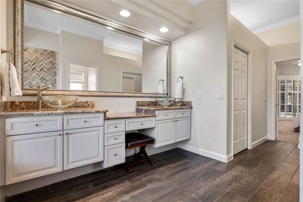 Bathroom, Dual Sink Vanities, Interior, Recessed Lighting, Wood Texture Flooring