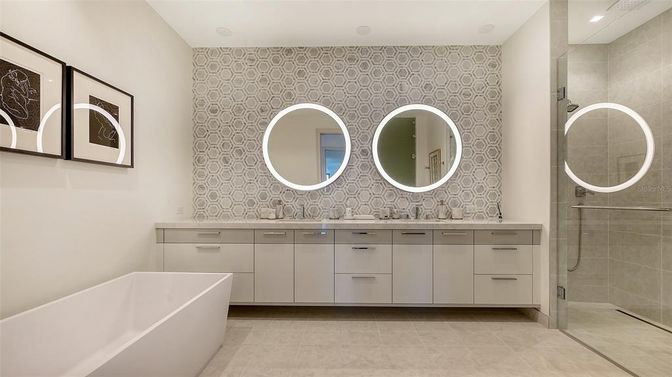 Bathroom, Dual Sink Vanities, Free Standing Baths, Glass Shower, Interior, Recessed Lighting