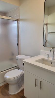 Bathroom, Glass Shower, Interior, Wood Texture Flooring