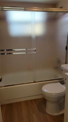 Bathroom, Glass Shower, Interior, Wood Texture Flooring