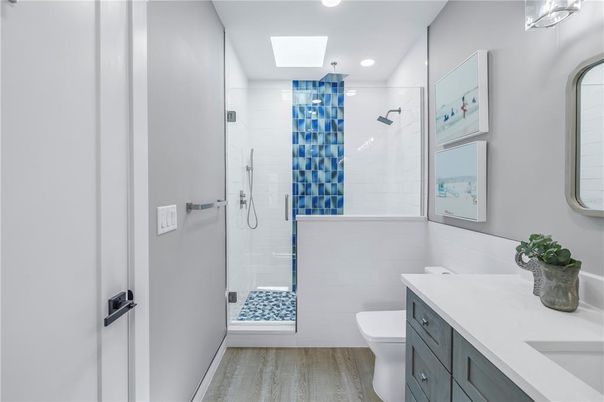 Bathroom, Glass Shower, Interior, Recessed Lighting, Wood Texture Flooring