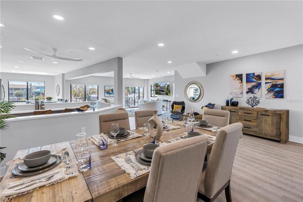 Dining room, Interior, Living room, Recessed Lighting, Wood Texture Flooring