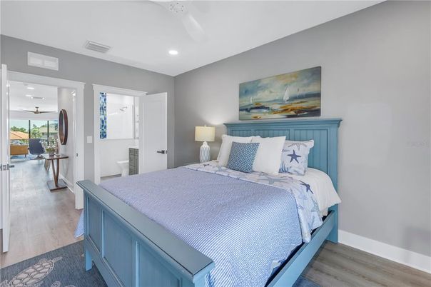 Bedroom, Interior, Recessed Lighting, Wood Texture Flooring