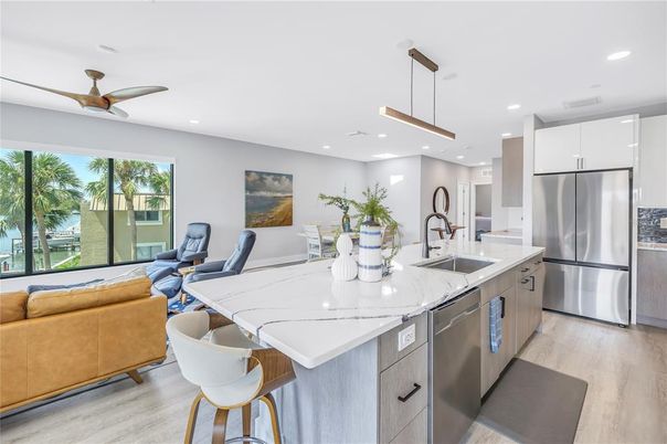 Interior, Kitchen, Living room, Pendant Lights, Recessed Lighting, Stainless Steel Appliances, Wood Texture Flooring