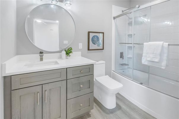 Bathroom, Glass Shower, Interior, Wood Texture Flooring