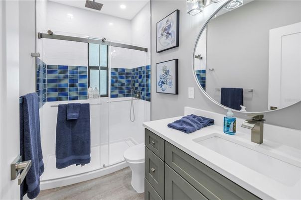 Bathroom, Glass Shower, Interior, Recessed Lighting, Wood Texture Flooring
