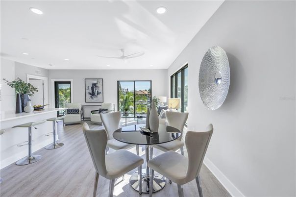 Dining room, Interior, Living room, Recessed Lighting, Wood Texture Flooring