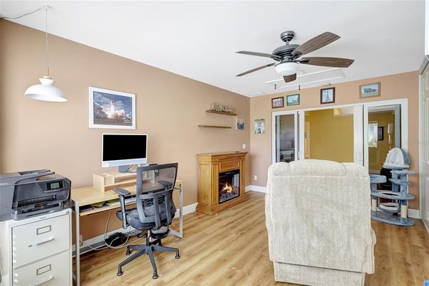 Fireplace, Home Office, Interior, Pendant Lights, Wood Texture Flooring