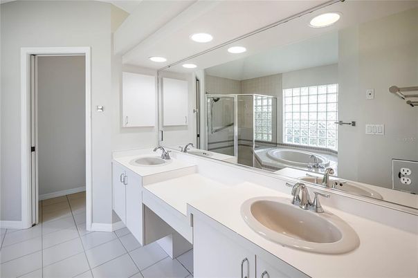 Bathroom, Dual Sink Vanities, Glass Shower, Interior, Recessed Lighting