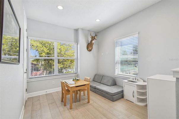 Dining room, Interior, Recessed Lighting, Wood Texture Flooring
