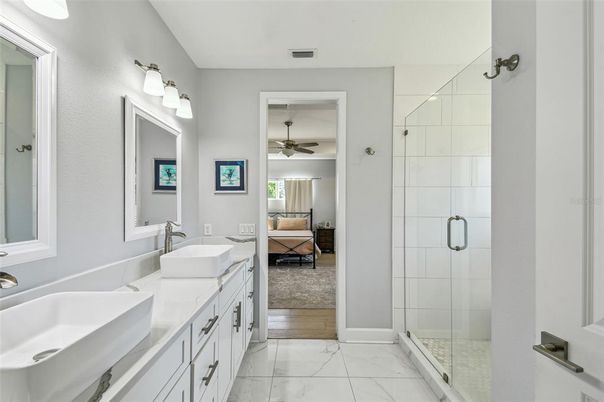 Bathroom, Bedroom, Dual Sink Vanities, Glass Shower, Interior, Living room, Marble
