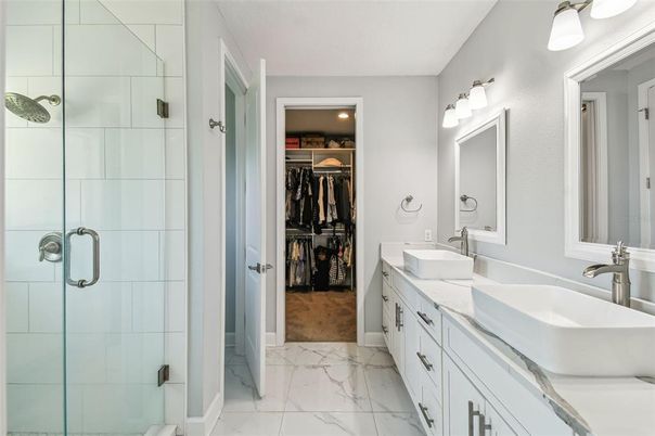 Bathroom, Dual Sink Vanities, Glass Shower, Interior, Marble, Walk-in Closets