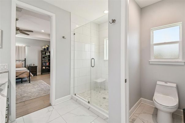 Bathroom, Glass Shower, Interior, Marble, Recessed Lighting, Wood Texture Flooring