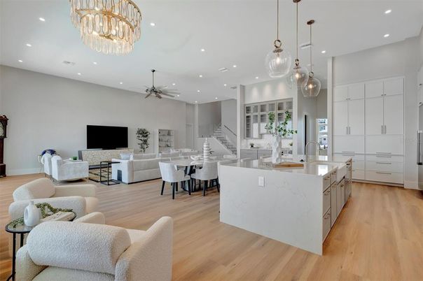 Chandelier, Dining room, Interior, Kitchen, Living room, Pendant Lights, Recessed Lighting, Wood Texture Flooring