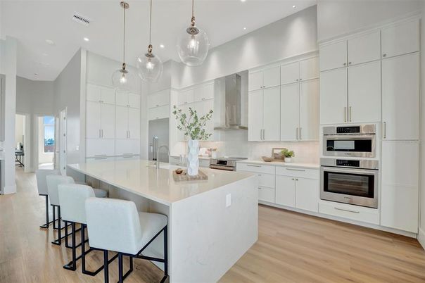 Interior, Kitchen, Pendant Lights, Recessed Lighting, Stainless Steel Appliances, Wood Texture Flooring
