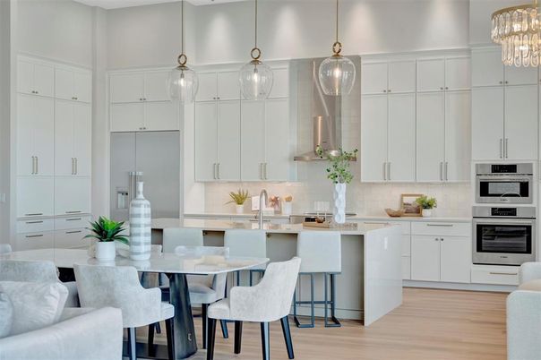 Chandelier, Interior, Kitchen, Pendant Lights, Stainless Steel Appliances, Wood Texture Flooring