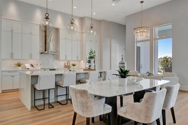 Chandelier, Dining room, Interior, Kitchen, Pendant Lights, Recessed Lighting, Wood Texture Flooring