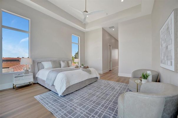 Bedroom, Interior, Recessed Lighting, Wood Texture Flooring