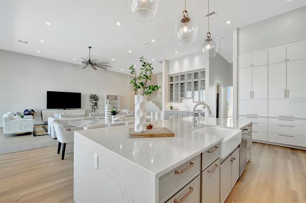 Interior, Kitchen, Living room, Pendant Lights, Recessed Lighting, Wood Texture Flooring
