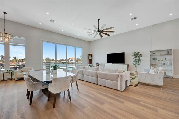 Chandelier, Dining room, Interior, Living room, Pendant Lights, Recessed Lighting, Wood Texture Flooring