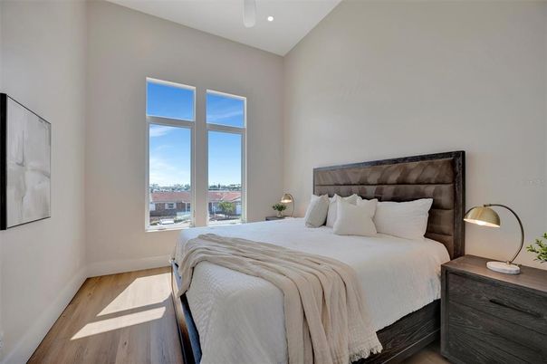 Bedroom, Interior, Recessed Lighting, Wood Texture Flooring