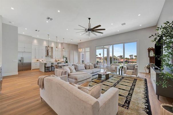 Interior, Kitchen, Living room, Pendant Lights, Recessed Lighting, Wood Texture Flooring