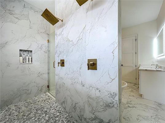 Bathroom, Glass Shower, Interior, Marble, Marble Walls