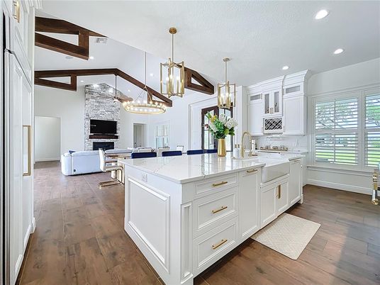 Fireplace, Interior, Kitchen, Living room, Pendant Lights, Recessed Lighting, Wooden Beams, Wood Texture Flooring